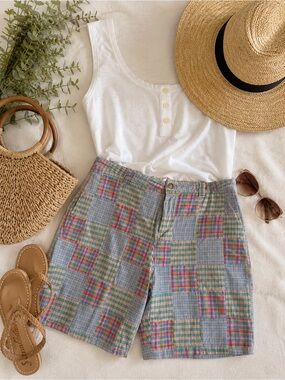 Weatherproof Multi-Color Plaid Cotton Patchwork Bermuda Shorts